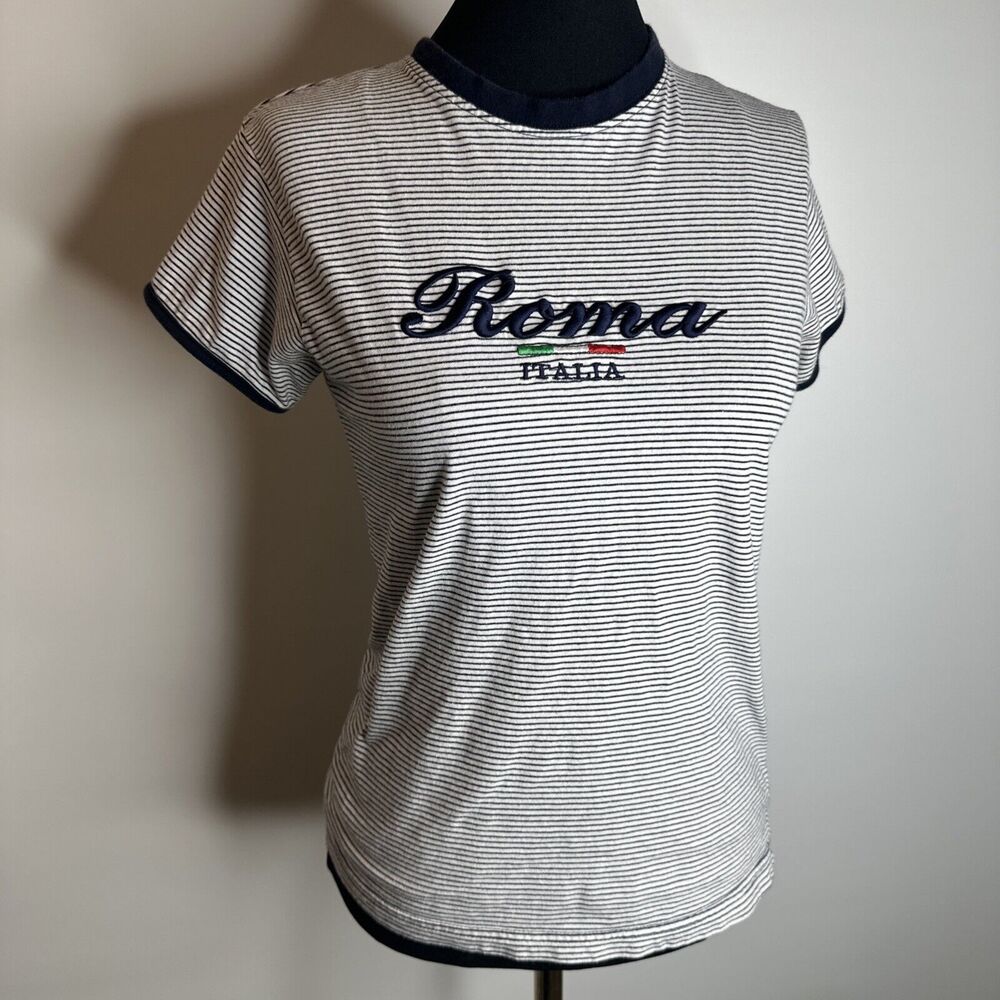 Vintage Y2K Blue White Striped Baby Tee XS Ribbed Ringer Top Made Italy Cotton